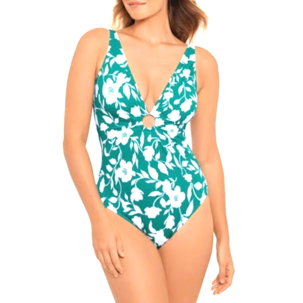 Time and Tru Women's Plunge Neckline One Piece Hawaiian Look Swimwear XL